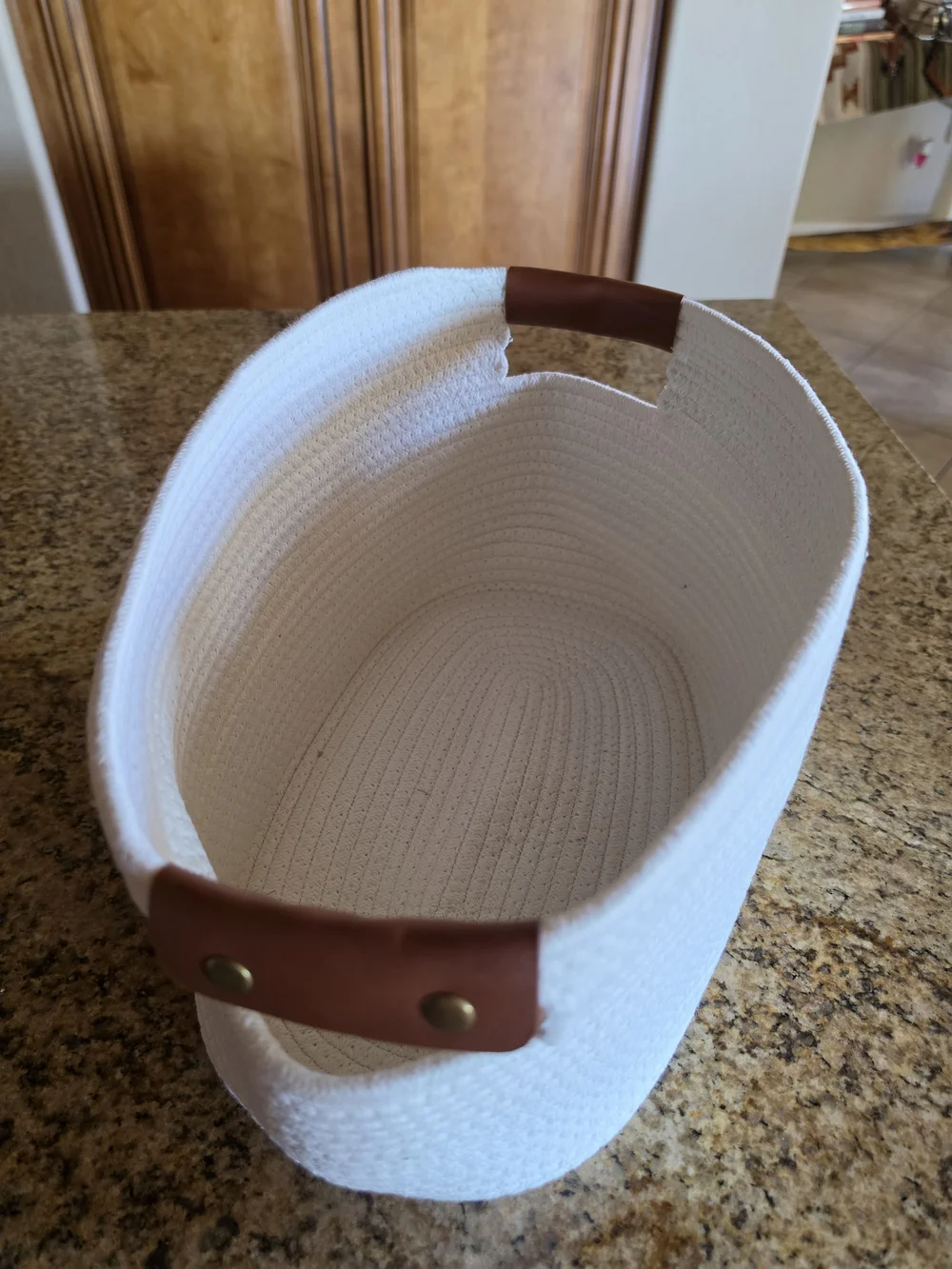 White Woven Rope Storage Basket with Brown Faux Leather Handles Gold Snaps - EUC